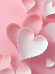 Minimalist Valentine's Day background in soft pink and white tones with abstract heart patterns formed through negative space design, evoking a clean, romantic and modern aesthetic