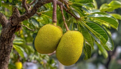 The rugged texture of two jackfruits is revealed in a close-up perspective as they hang suspended on a sturdy branch
