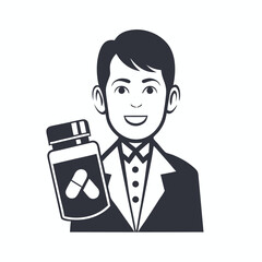 Smiling man with glasses shows medicine in white bottle on white backdrop