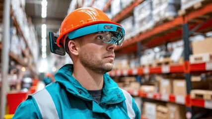 Warehouse Worker Using AR Headset: A worker in a warehouse setting uses an augmented reality (AR) headset, with a focus on safety, modern technology, and efficiency in the workplace. - Powered by Adobe