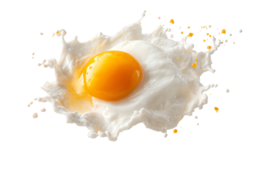 Fresh egg with a vibrant yolk splashing in white, isolated on a transparent background.