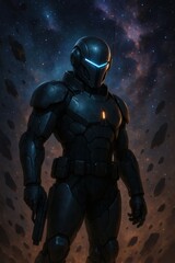 Fototapeta premium Futuristic armored warrior with glowing visor stands in deep space