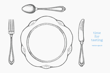Vintage Hand Drawn Vector Illustration of Cutlery. Not AI Generated.  Fork Spoon Knife Plate Kitchen Utensils