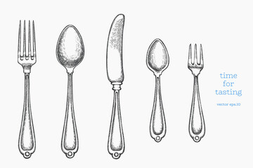 Vintage Hand Drawn Vector Illustration of Cutlery Not AI Generated Retro Fork  Spoon Knife Engraved Kitchen Utensils