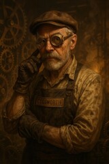 Obraz premium Steampunk inventor wearing goggles and work attire in a workshop setting.