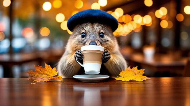 A cute quokka wearing a blue beret holds a cup of coffee on a table. Autumn leaves surround the cup in a cozy caf&eacute; setting with warm lights.