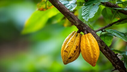 The Cacao Fruit Orchard is depicted through vivid imagery of a ripening cacao pod with yellow skin speckled with spots on a branch, showcasing rich agricultural potential