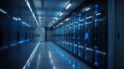 Modern Data Center Hallway with Rows of Illuminated Server Racks and Blue Lights Reflecting on the Floor