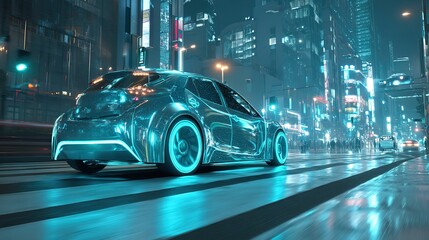 "Shiny Cyberpunk Car Driving on Neon - Lit City Street at Night"