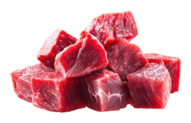 Raw beef cubes for cooking kitchen food bright light isolated on transparent background