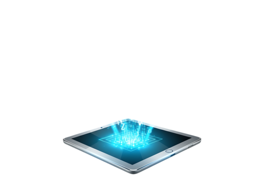A tablet computer displaying a glowing blue digital interface, isolated on transparent background