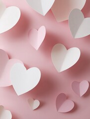 Minimalist Valentine's Day background in soft pink and white tones with abstract heart patterns formed through negative space design, evoking a clean, romantic and modern aesthetic