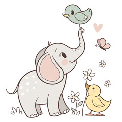 Naklejka premium Playful Vector Cute Elephant and Bird in a Childlike Illustration