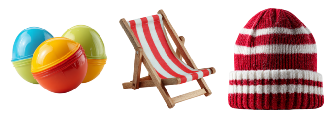Colorful Round Balls, Deck Chair, and Knit Hat on Transparent Background