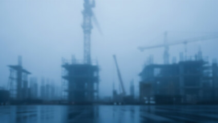 Construction site with cranes and buildings under construction in foggy weather, highlighting steel frameworks, tall structures, and workers barely visible in mist.