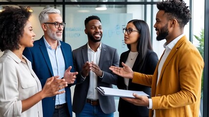 A group of diverse professionals engage in a discussion in a modern office. They appear happy and collaborative, sharing ideas and insights. - Powered by Adobe