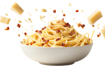 Delicious spaghetti with bacon and cheese, tossed in a bowl, perfect for a comforting meal.