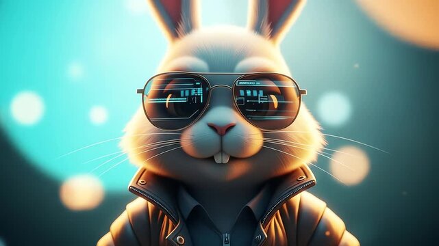 A cartoon rabbit wearing sunglasses and a jacket, with a blurred, colorful background.