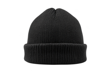 Premium black knit beanie hat winter fashion headwear apparel warm wool cap style accessory clothing item isolated on transparent background