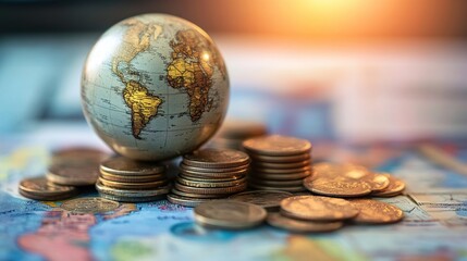 A miniature globe rests atop a stack of coins, set against a world map and a blurred background, symbolizing global finance and investment.