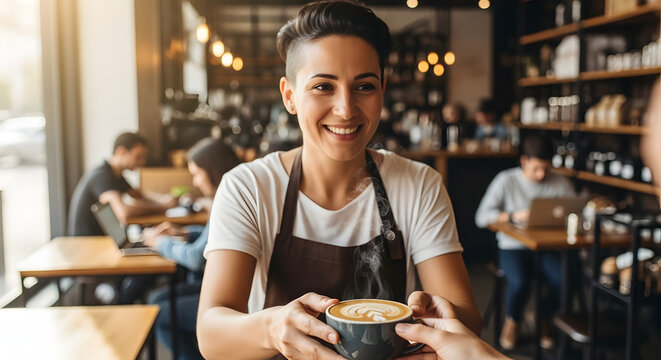 Warm hospitality and the inviting aroma of freshly brewed coffee intertwine as a cheerful barista presents a cup of caffeinated artistry to a patron in a bustling coffeehouse environment