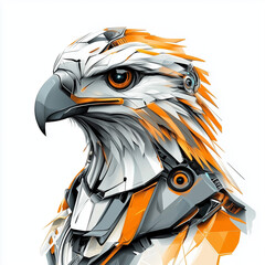 A detailed close up of a robotic eagle with orange highlights on a white background profile view art