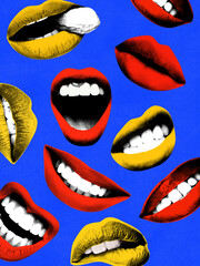 Digital artwork. Multicolored lips on blue background symbolizing passion, style and provocative energy. Concept of pop culture, visual seduction, and beauty editorials with expressive emotion.
