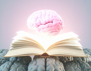 Surreal Brain Floating Above Glowing Book with Black Brain Surface
