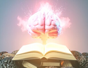 Glowing Brain Charging Knowledge from Open Book with Dark Brain Background