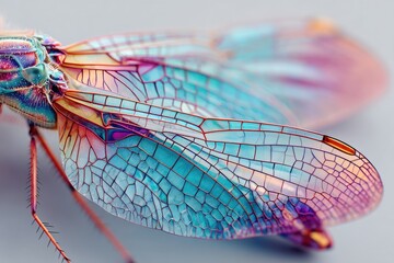 Detailed close-up of iridescent dragonfly wings, showcasing intricate venation and vibrant colors