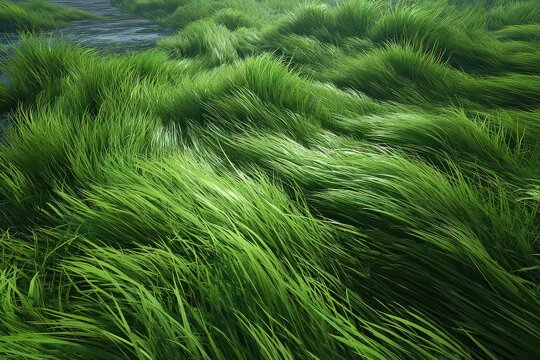 Windswept Lush Green Grass Field