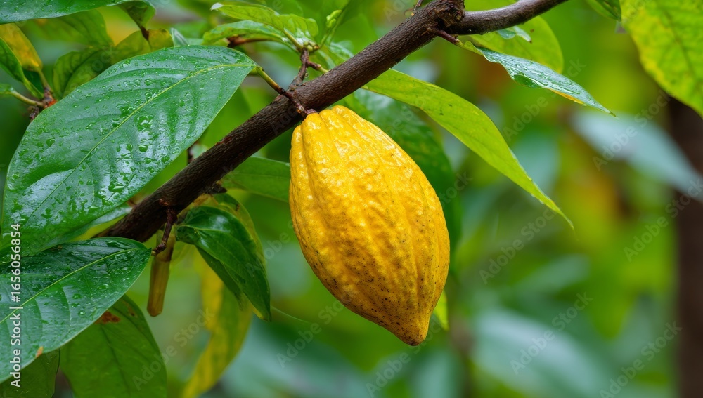 Poster the beginning of a delectable journey is symbolized by a vibrant close-up of a single, ripe cocoa po
