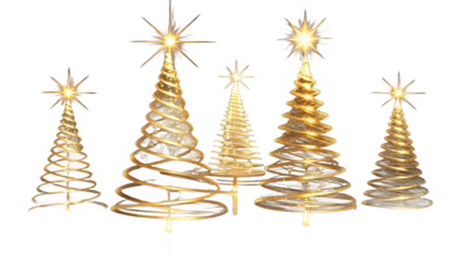 Photo of a collection of five golden spiral christmas trees with starburst toppers, illuminated and sparkling, isolated on a transparent background, evoking a festive and luxurious holiday spirit