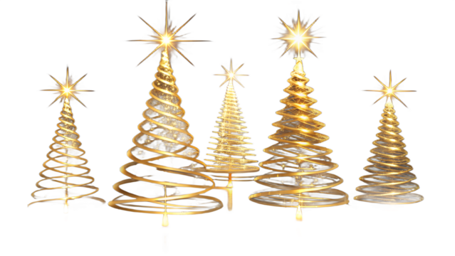 Photo of a collection of five golden spiral christmas trees with starburst toppers, illuminated and sparkling, isolated on a transparent background, evoking a festive and luxurious holiday spirit