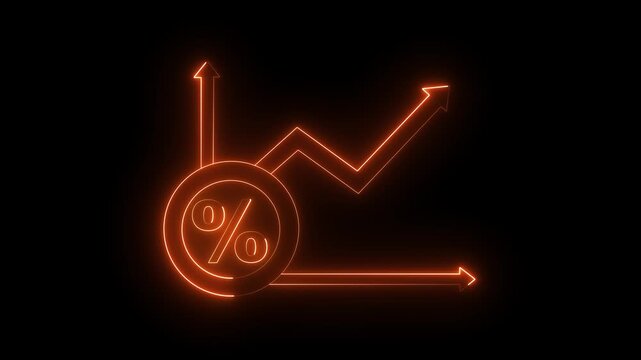 glowing neon Percent growth chart icon animation on black background. Neon Business and Financial Progress Symbol. financial growth chart icon with upward arrow and  Percent.