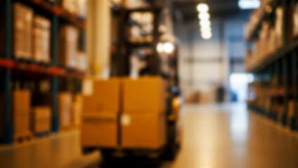 Obraz premium Blurred forklift carries boxes in a warehouse with shelves and bright lighting, illustrating the nonstop logistics, storage, and industrial energy of supply chains.