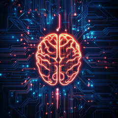Glowing brain surrounded by circuit board lines and dots representing artificial intelligence concept design