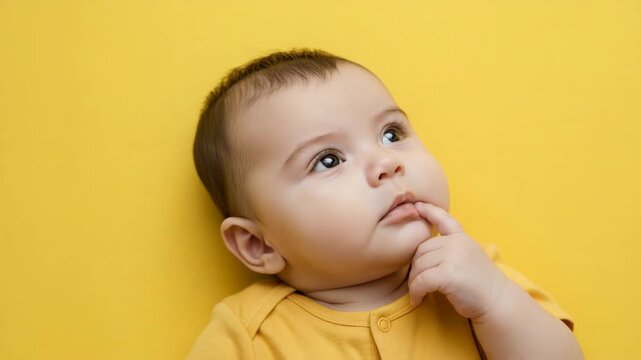 Baby thinking and looking up with finger on lips against yellow background in thoughtful and curious expression for childhood development, innocence and imagination concept