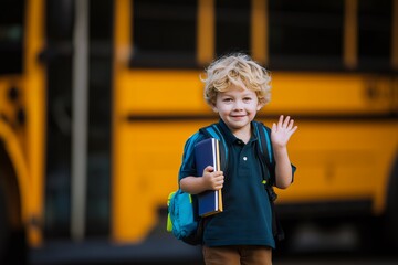 Smiling little boy with curly hair and backpack waves in front of a yellow school bus; concept for education material, school safety campaign and back-to-school promotion