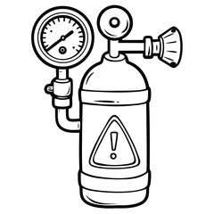 Oxygen Tank with Gauge and Warning Sign, Outline on White Background