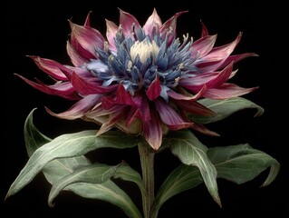 Detailed close-up of a vibrant flower, deep crimson and blue hues, on a black background