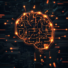Glowing brain circuit illustration with orange light on a dark background with connections visible