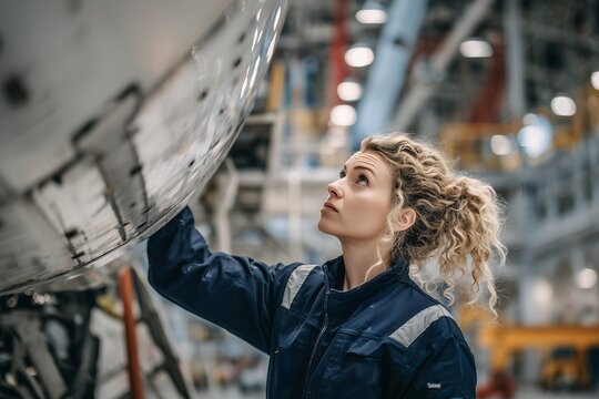 Female aircraft mechanic inspects plane's fuselage in a large hangar with bright lighting. Concept for aerospace engineering, quality control and aviation maintenance