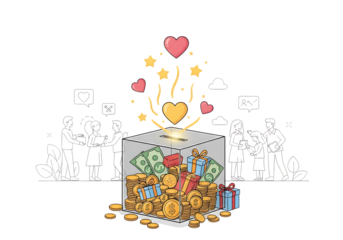 Donation box filled with money and coins, with hearts and stars symbolizing generosity and support, isolated on transparent background