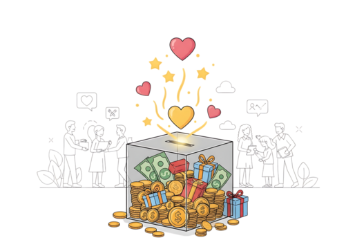 Donation box filled with money and coins, with hearts and stars symbolizing generosity and support, isolated on transparent background