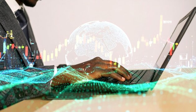 A person types on a laptop, with overlaid financial data and a digital representation of the earth, creating a futuristic and global business concept.