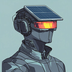 Illustration of a futuristic cyborg with a solar panel on its head and orange tinted visor