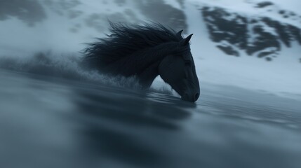 Majestic black horse swimming through icy waters with snow-capped mountains in the background