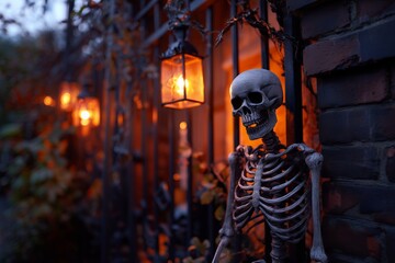 Spooky skeleton decoration illuminated by lanterns against a dark brick wall at twilight, concept for Halloween celebration, haunted house decor and spooky themed event