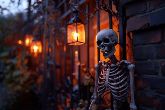 Spooky skeleton decoration illuminated by lanterns against a dark brick wall at twilight, concept for Halloween celebration, haunted house decor and spooky themed event
